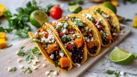 Einige Kürbis-Tacos, die auf einem Holzbrett nebeneinander angerichtet sind. Im Hintergrund kann man frischen Koriander, Limettenstücke und Kürbiswürfel erkennen.