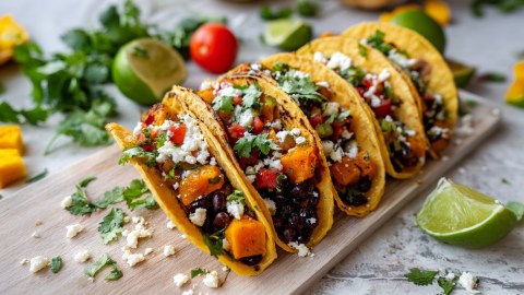 Einige Kürbis-Tacos, die auf einem Holzbrett nebeneinander angerichtet sind. Im Hintergrund kann man frischen Koriander, Limettenstücke und Kürbiswürfel erkennen.