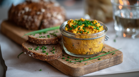Ein Glas mit Kürbis-Tofu-Aufstrich auf einem Holzbrett. Der Aufstrich ist mit Schnittlauch bestreut. Direkt hinter dem Glas liegen zwei Scheiben Brot. Weiter dahinter liegt ein Laib Brot. Rechts im Bild steht ein Wasserglas.