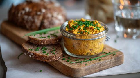 Ein Glas mit Kürbis-Tofu-Aufstrich auf einem Holzbrett. Der Aufstrich ist mit Schnittlauch bestreut. Direkt hinter dem Glas liegen zwei Scheiben Brot. Weiter dahinter liegt ein Laib Brot. Rechts im Bild steht ein Wasserglas.