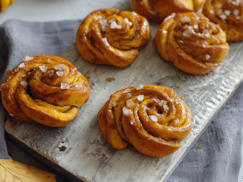 Mehrere Kürbis-Zimtkringel liegen auf einem Holzbrett. Unter dem Brett ist ein graues Küchentuch. Vor dem Brett sieht man Herbstlaub. Oben links in der Ecke ist ein kleiner Zierkürbis zu sehen.