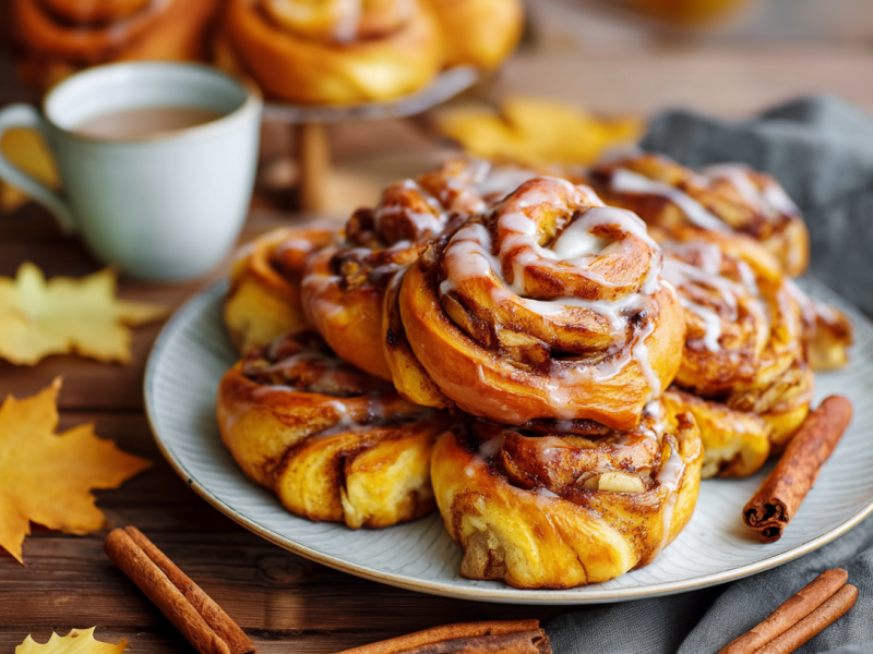 Ein Teller mit Kürbis-Zimtkringel mit Apfel. Außen herum liegen Blätter und Zimtstangen als Deko. Eine Kaffeetasse steht im Hintergrund.