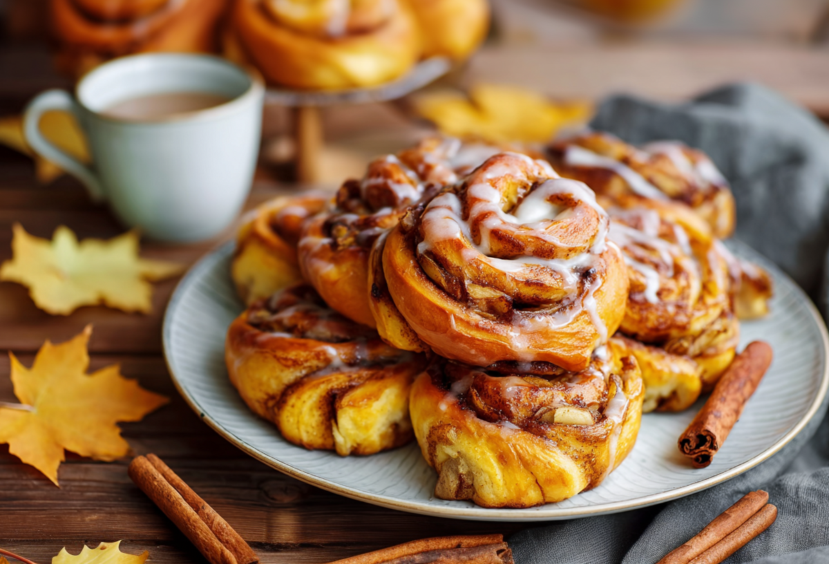 Ein Teller mit Kürbis-Zimtkringel mit Apfel. Außen herum liegen Blätter und Zimtstangen als Deko. Eine Kaffeetasse steht im Hintergrund.