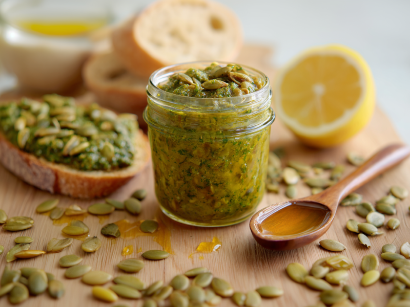 Ein Glas Kürbiskernpesto auf einem Holzbrett. Um das Glas herum liegen einige Kürbiskerne. Rechts neben dem Glas liegt ein Holzlöffel mit etwas Kürbiskernöl. Links liegt ein Brot mit dem Pesto. Im Hintergrund ist eine halbe Zitrone und weitere Brotstücke.