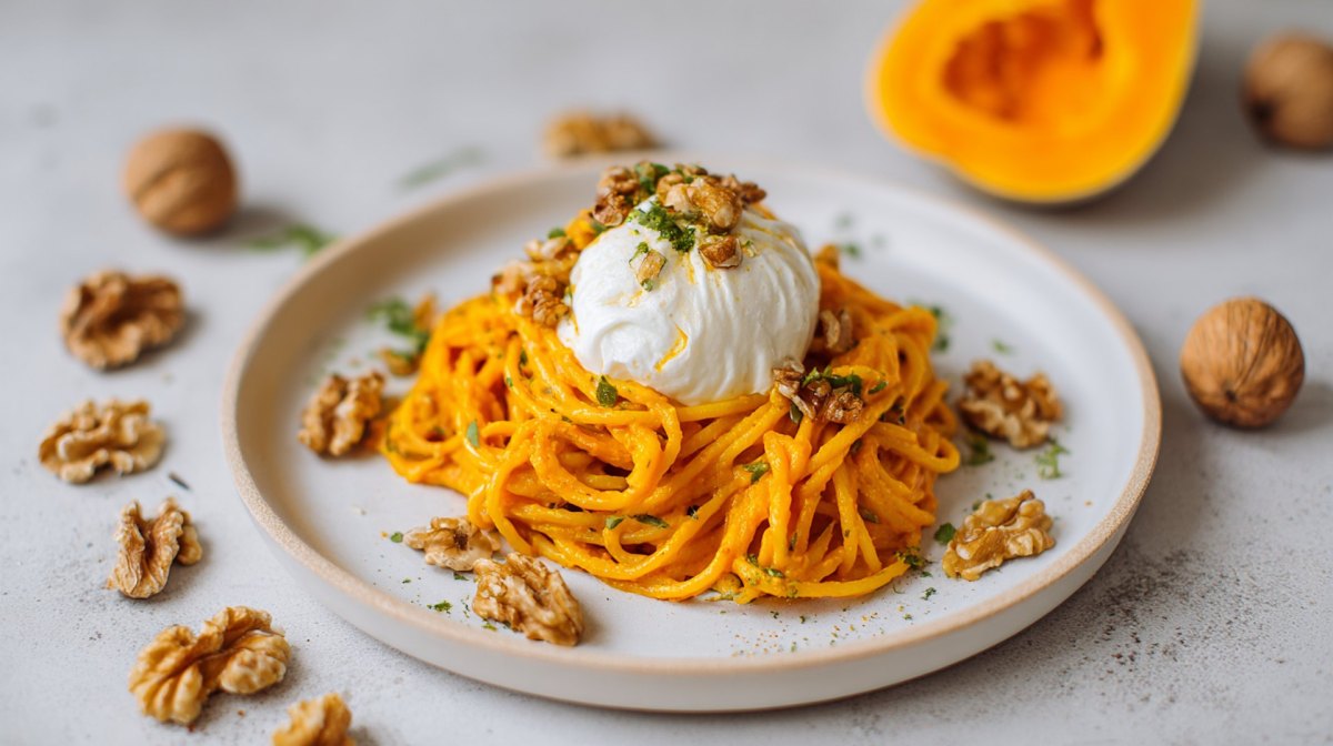 Ein Teller Kürbispasta mit Burrata, drum herum Walnüsse und Kürbis.