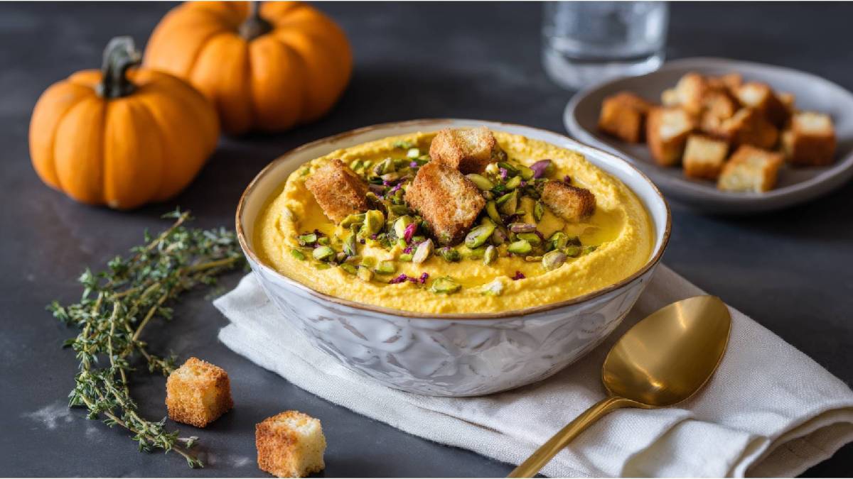 Eine Schale mit Kürbis-Hummus mit gehackten Pistazien und Brotchips on top