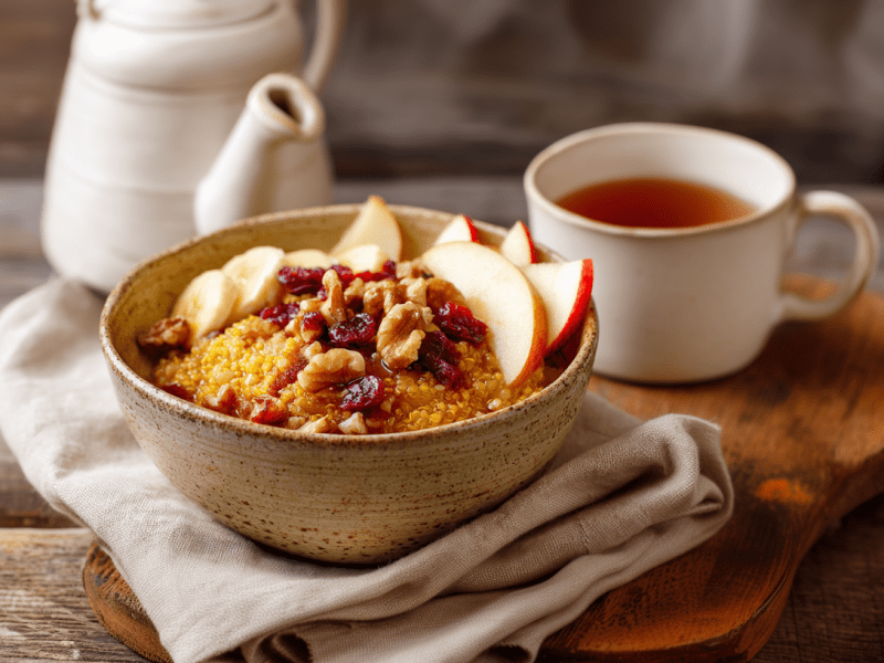 Eine Kürbis-Hirse-Bowl steht auf einem beigen Leinentuch auf einem beigen Leinentuch. Rechts hinter der Schale steht eine Tasse Tee.