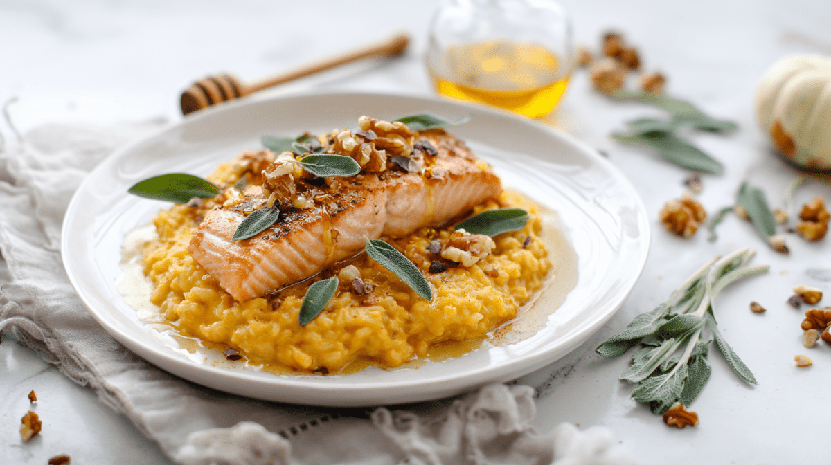 Lachs auf Kürbisrisotto auf einem weißen Teller. Das Gericht ist mit Walnüssen und frischen Salbeiblättern garniert. Rechts im Bild liegt noch mehr Salbei, Walnüsse und ein kleiner Kürbis. Im Hintergrund sieht man etwas Honig.