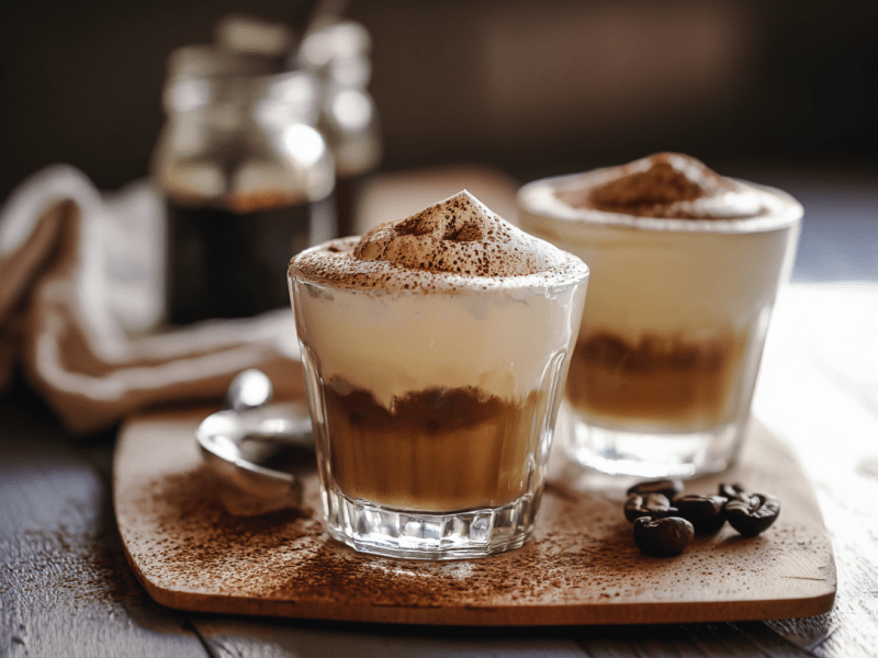 Zwei Tassen mit Latte Macchiato Pudding stehen auf einem Holzbrett. Kaffeebohnen liegen als Deko daneben. Im Hintergrund ist Kaffee zu sehen.