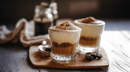 Zwei Tassen mit Latte Macchiato Pudding stehen auf einem Holzbrett. Kaffeebohnen liegen als Deko daneben. Im Hintergrund ist Kaffee zu sehen.
