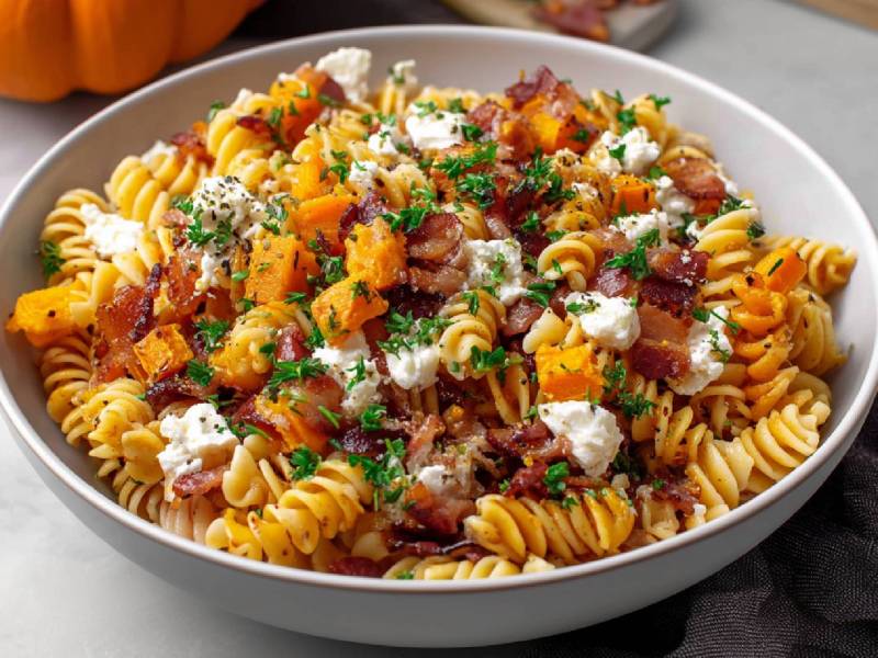 Teller mit Lauwarmer Nudelsalat mit Ofen-Kürbis und Speck