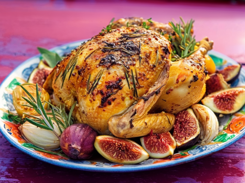 Eine große Schale mit Lavendel-Hähnchen, umrahmt von frischen Kräutern und Feigen.