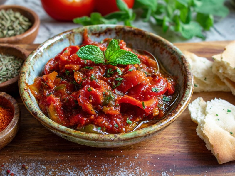 Eine Schale mit levantinischer Tomatensalsa, Matbucha. Ringsum liegt Fladenbrot, Schalen mit Gewürzen und frische Kräuter.