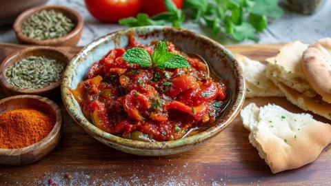 Eine Schale mit levantinischer Tomatensalsa, Matbucha. Ringsum liegt Fladenbrot, Schalen mit Gewürzen und frische Kräuter.
