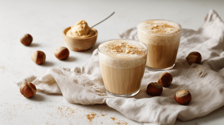 Zwei Gläser mit Macadamia Latte auf einem beigen Tuch auf weißem Untergrund. Drumherum liegen einige Nüsse verteilt. Im Hintergrund sieht man eine kleine Schale mit Macadamia-Mus.