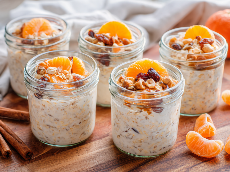 Fünf Gläser Mandarinen-Overnight-Oats auf einem Holzbrett. Links neben den Gläsern liegen einige Zimtstangen. Rechts liegen einige Mandarinenspalten.