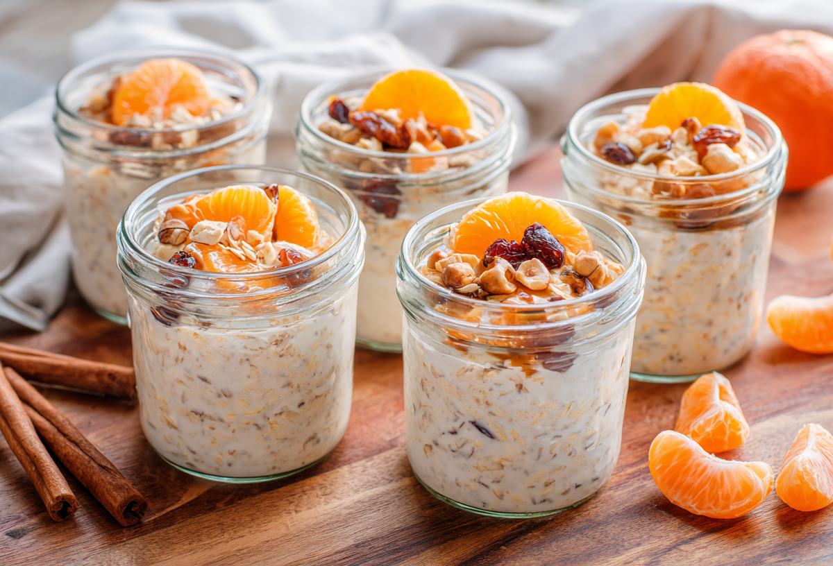 Fünf Gläser Mandarinen-Overnight-Oats auf einem Holzbrett. Links neben den Gläsern liegen einige Zimtstangen. Rechts liegen einige Mandarinenspalten.
