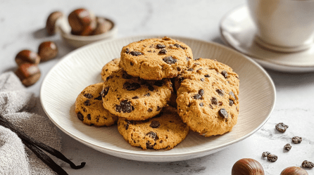 Ein Teller mit einigen Maronen-Keksen mit Schokostückchen. Im Hintergrund kann man frische Maronen erkennen. Außerdem liegen Vanilleschoten neben dem Teller. In der rechten oberen Bildecke steht eine Tasse auf einer Untertasse.