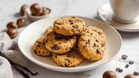 Ein Teller mit einigen Maronen-Keksen mit Schokostückchen. Im Hintergrund kann man frische Maronen erkennen. Außerdem liegen Vanilleschoten neben dem Teller. In der rechten oberen Bildecke steht eine Tasse auf einer Untertasse.
