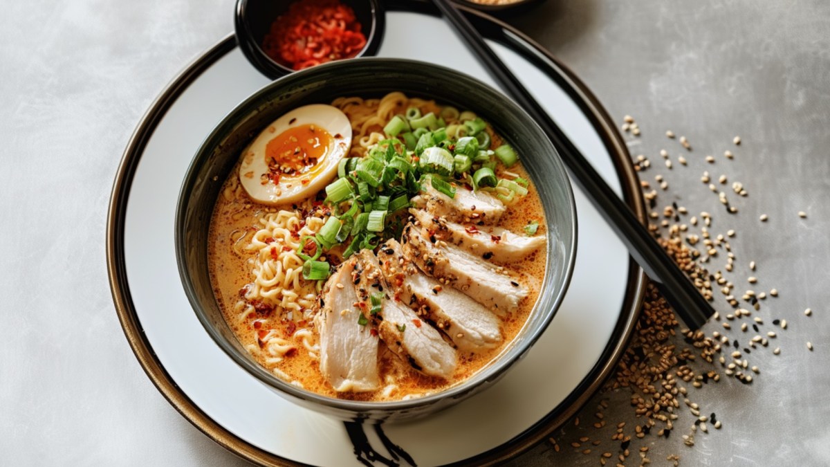 Eine Schüssel Marry Me Chicken Ramen in der Draufsicht.