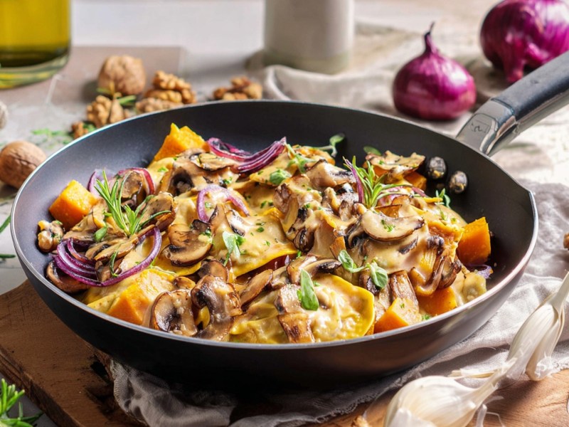 Eine Maultaschen-Pfanne mit Kürbis und Pilzen. Ringsum liegen Knoblauchzehen, Zwiebeln und Walnüsse verteilt.