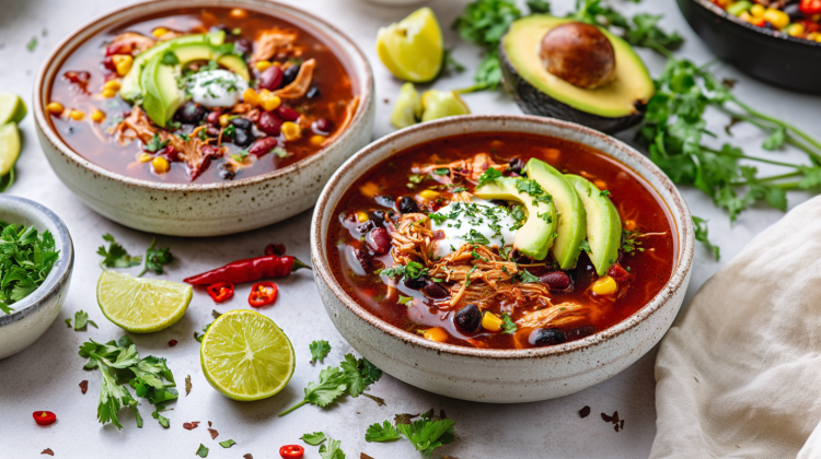 Zwei Schalen mit mexikanischer Hühnersuppe auf einem weißen Tisch. Rechts unten im Bild liegt ein beiges Küchentuch. Um die Schüsseln herum verteilt sind Limetten Koriander und Chilischoten. Hinter der vorderen Schüssel liegt eine halbierte Avocado.
