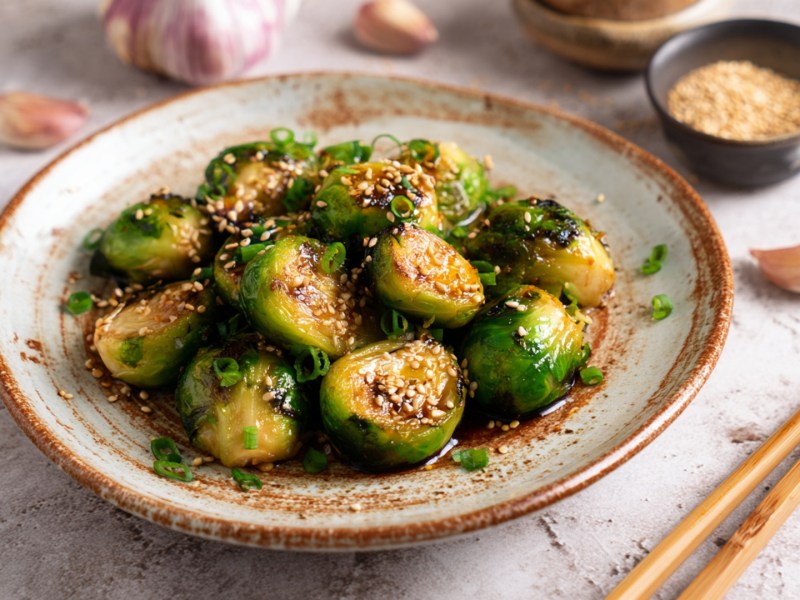 Ein Teller mit Miso-Rosenkohl. Ringsum liegen Stäbchen, Knoblauchzehen und eine Schale mit Soße.