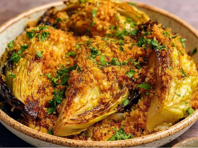 Teller mit Miso-Spitzkohl aus dem Ofen