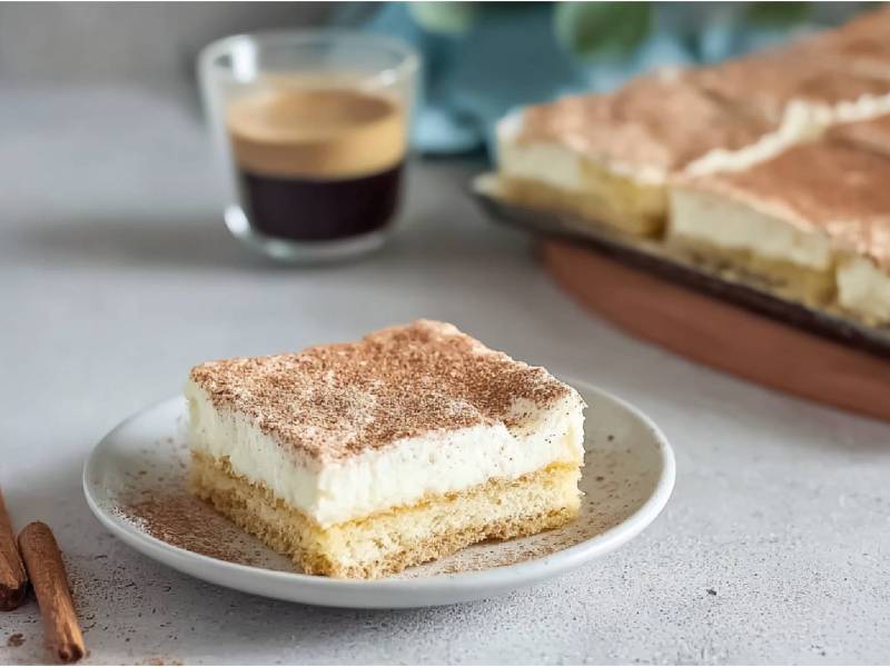 Teller und ein Blech mit Norddeutscher Schmandkuchen, in Stücke geschnitten