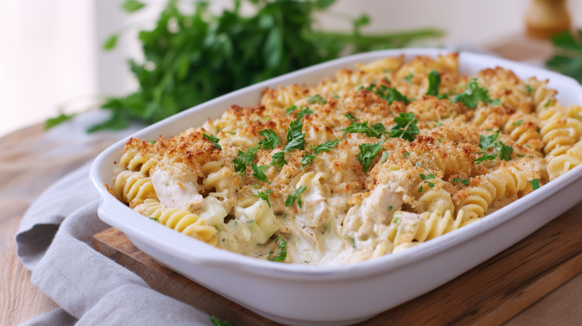Nudel-Blumenkohlauflauf mit Hähnchen in einer weißen Auflaufform. Im Hintergrund sieht man einige frische Kräuter. Der Auflauf steht auf einem dunkelbraunen Holzbrett, auf einem grauen Tuch.