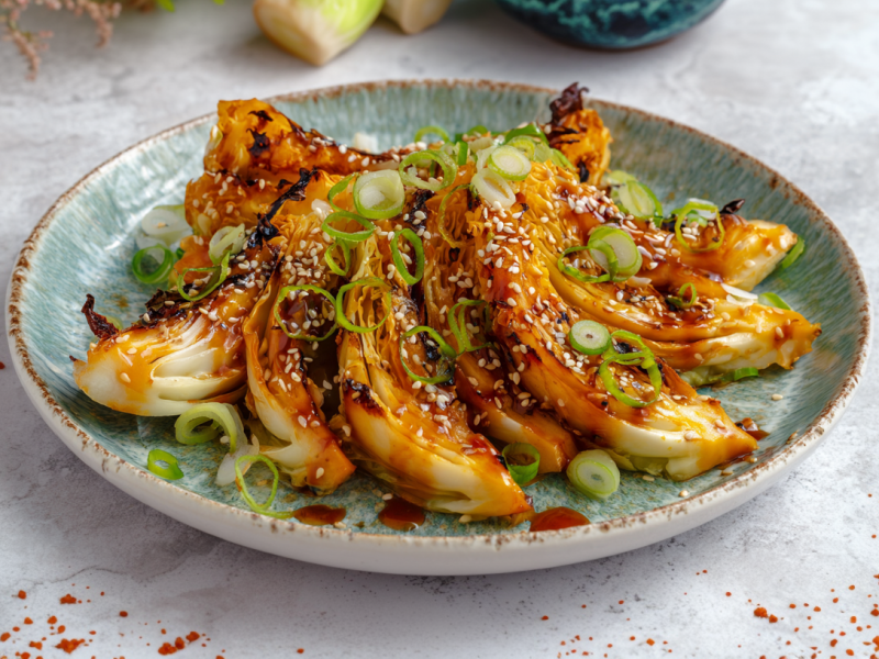 Orangen-Miso-Kohl auf einem blaugrauen Teller. Um den Teller verteilt ist etwas Chilipulver zu sehen. Im Hintergrund sieht man weiteren Spitzkohl.