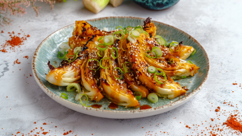 Orangen-Miso-Kohl auf einem blaugrauen Teller. Um den Teller verteilt ist etwas Chilipulver zu sehen. Im Hintergrund sieht man weiteren Spitzkohl.