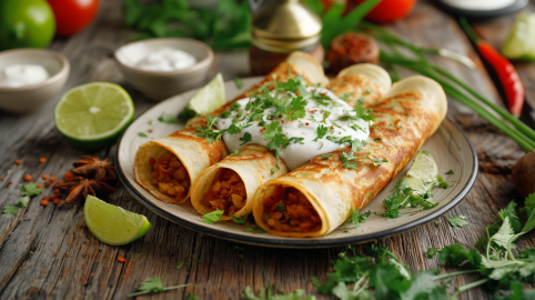Drei Pfannkuchen mit Linsen-Dal auf einem Teller. Neben dem Teller liegen einige Limettenstücke. Die Pfannkuchen sind mit Joghurt und Koriander serviert. Im Hintergrund sieht man weitere Zutaten, wie Limetten, Tomaten, Koriander und eine Chilischote.