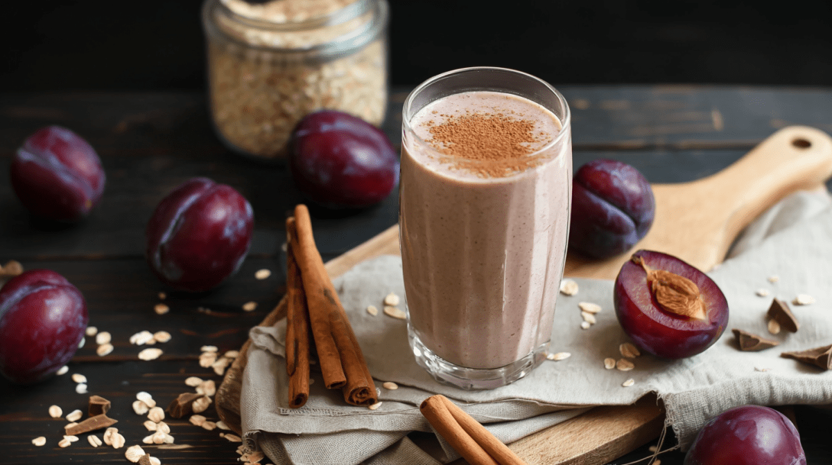 Ein Pflaumen-Dattel-Shake auf einem Holzbrett. Um den Shake liegen mehrere Pflaumen und Zimtstangen verteilt. Im Hintergrund kann man ein Glas mit Haferflocken erkennen.