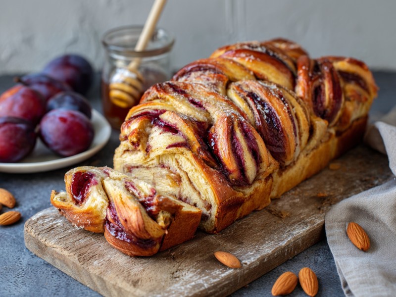Ein angeschnittener Pflaumen-Marzipan-Hefezopf, der auf einem Holzbrett liegt. Drum herum kann man einen Teller mit Pflaumen, ein Glas mit Honig und einige verstreutet Mandeln erkennen.