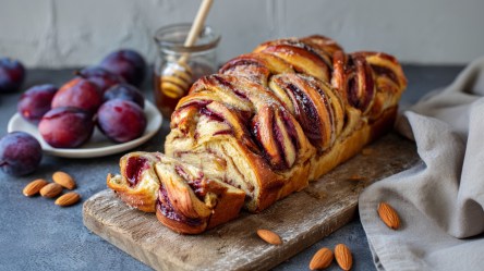 Ein angeschnittener Pflaumen-Marzipan-Hefezopf, der auf einem Holzbrett liegt. Drum herum kann man einen Teller mit Pflaumen, ein Glas mit Honig und einige verstreutet Mandeln erkennen.