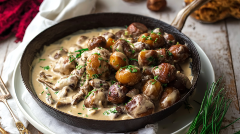 Eine Pfanne Pilz-Maronen-Ragout auf einem hellen Unterteller.