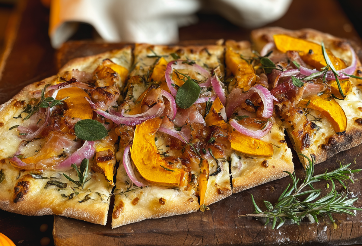 Ein Holzbrett mit Pinsa mit Kürbis und Speck.