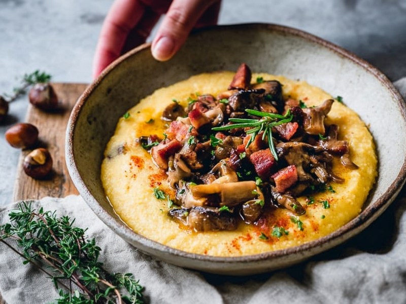 Ein Teller Polenta mit gebratenen Maronen, Pilzen und Speck. Ringsum liegen frische Kräuter und Esskastanien. Der Teller steht auf einem drapierten Leinentuch.