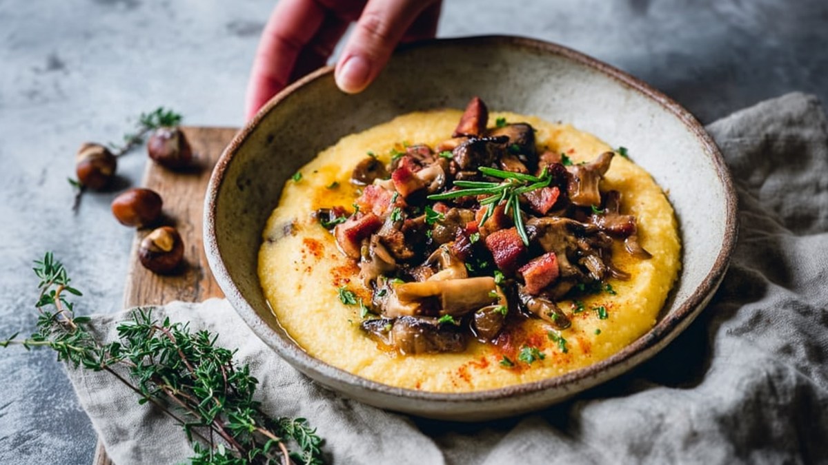 Ein Teller Polenta mit gebratenen Maronen, Pilzen und Speck. Ringsum liegen frische Kräuter und Esskastanien. Der Teller steht auf einem drapierten Leinentuch.