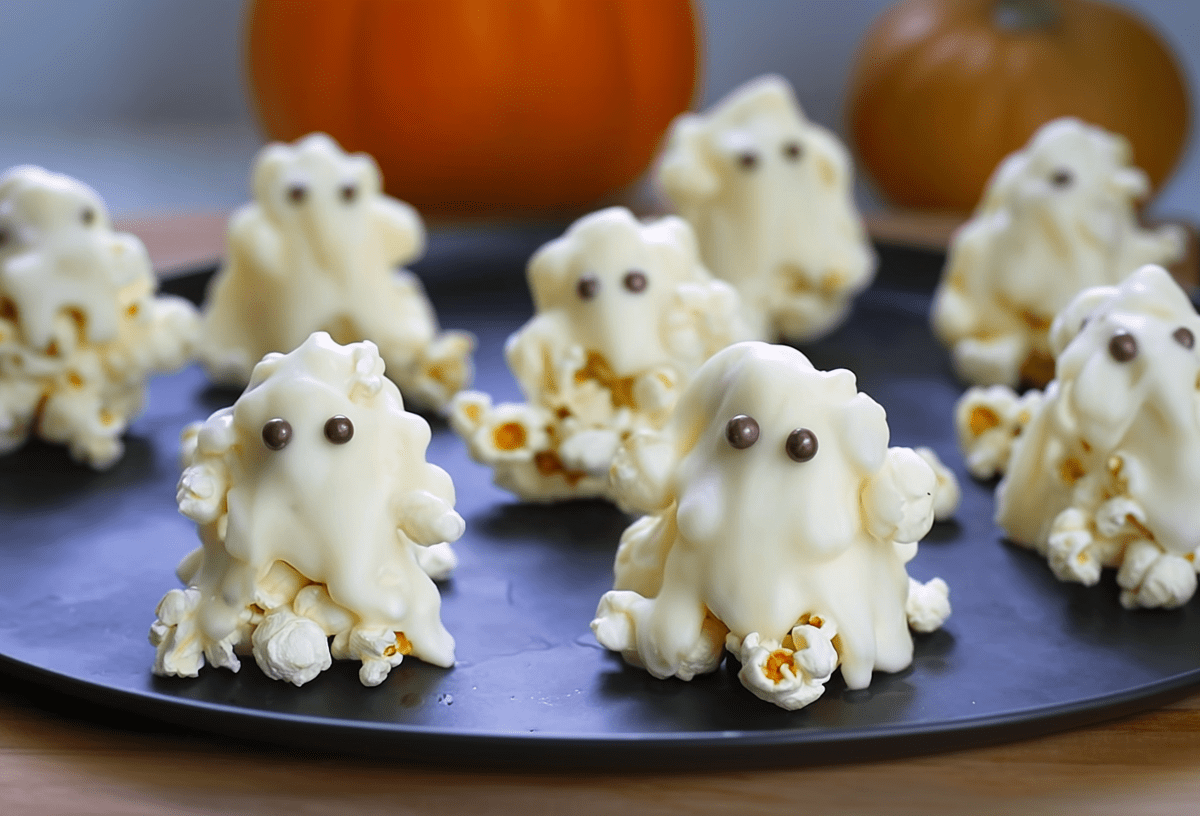 Ein Teller mit Popcorn-Geistern. Zwei Kürbisse sind im Hintergrund zu sehen.