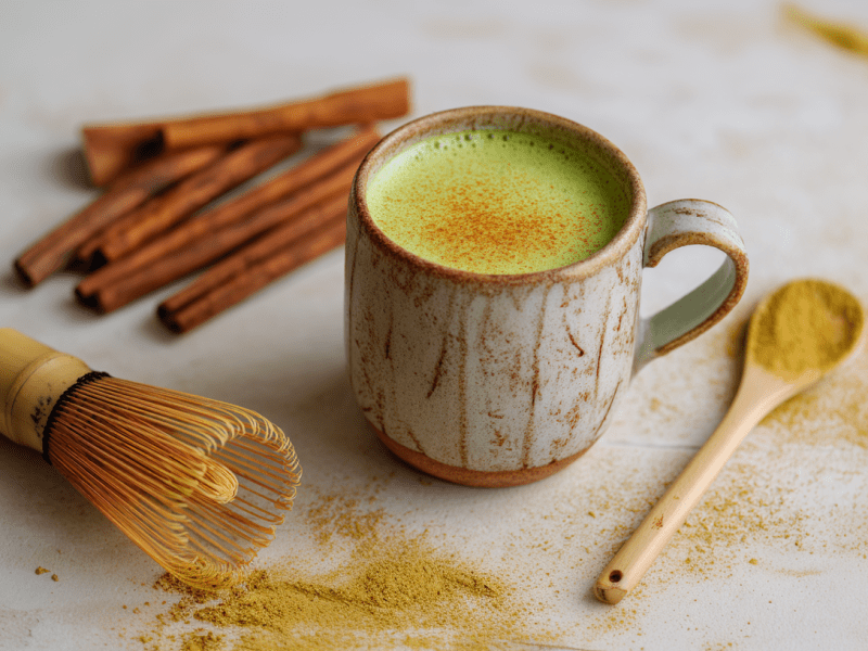Eine Tasse Pumpkin Spice Matcha Latte auf hellem Untergrund. Daneben liegen ein Matcha-Besen und ein Holzlöffel. Im Hintergrund liegen noch einige Zimtstangen.