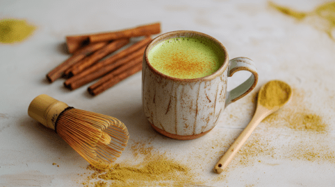Eine Tasse Pumpkin Spice Matcha Latte auf hellem Untergrund. Daneben liegen ein Matcha-Besen und ein Holzlöffel. Im Hintergrund liegen noch einige Zimtstangen.