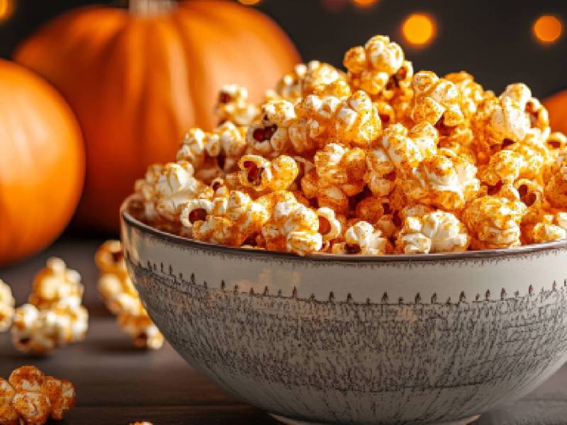 Schale mit Pumpkin Spice Popcorn, Kürbisse dahinter