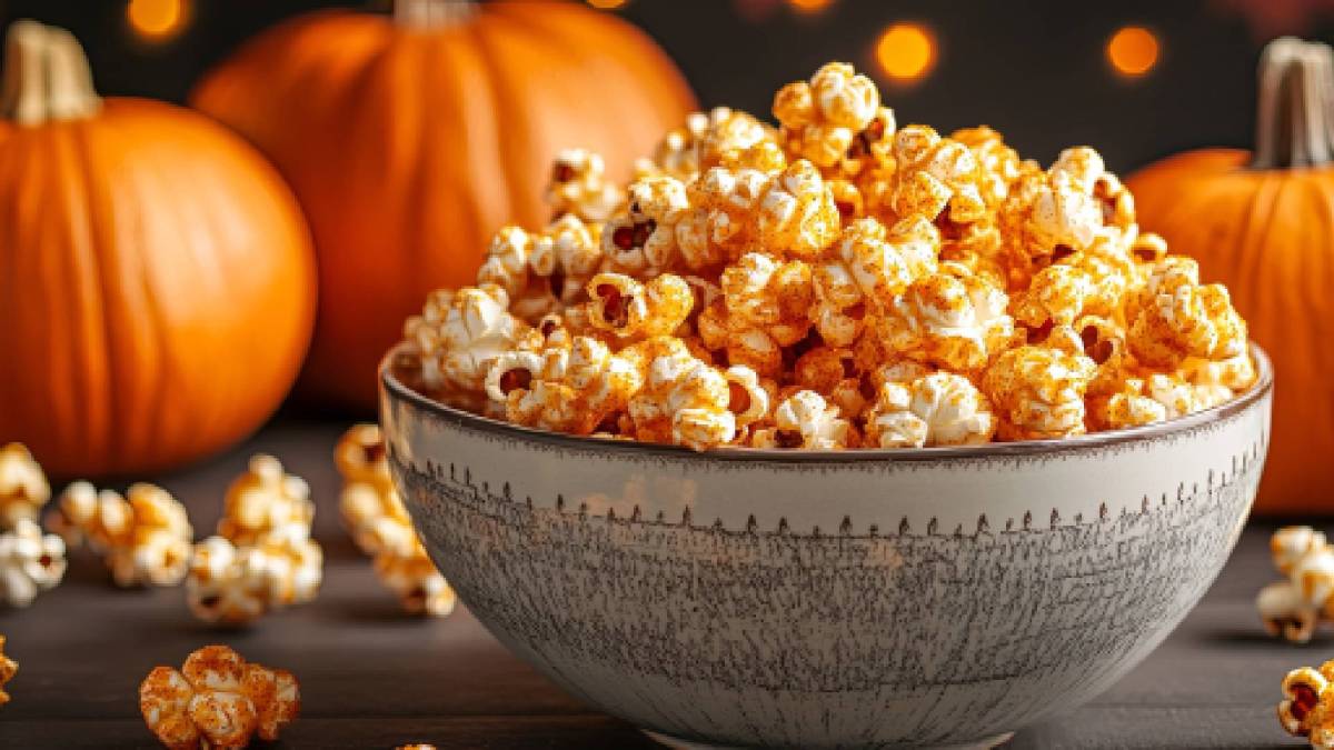 Schale mit Pumpkin Spice Popcorn, Kürbisse dahinter