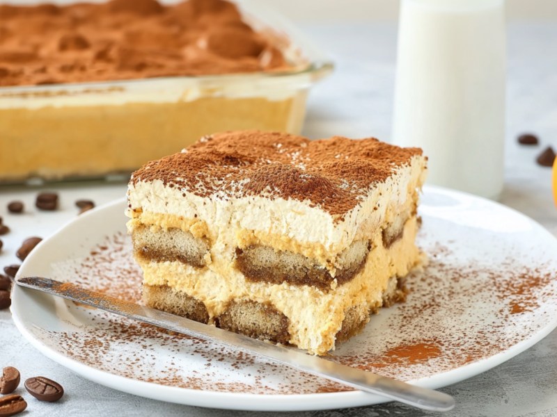 Ein Stück Pumpkin Spice Tiramisu auf einem Teller. Im Hintergrund ist das ganze Tiramisu zu sehen.