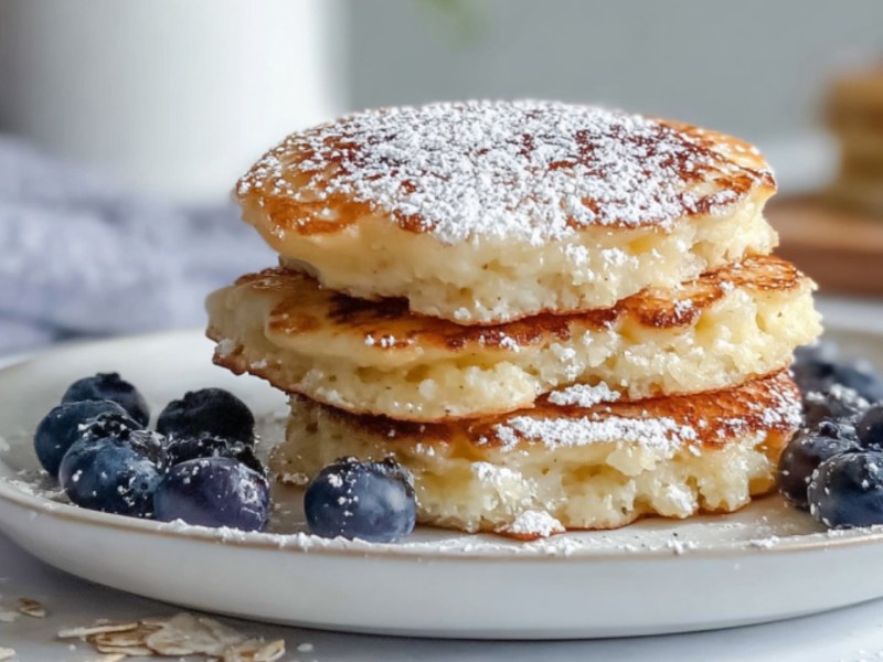 Ein Stapel Quark-Taler mit Haferflocken und Puderzucker auf einem Teller. Drumherum liegen frische Heidelbeeren.