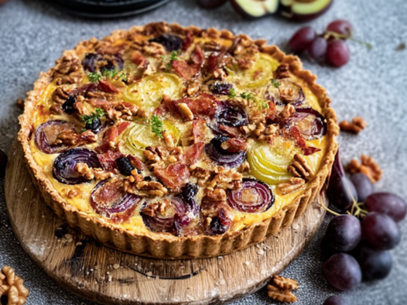 Ein Holzbrett mit Quiche mit Spitzkohl, Trauben und Nüssen. Einige Trauben liegen als Deko außen herum.