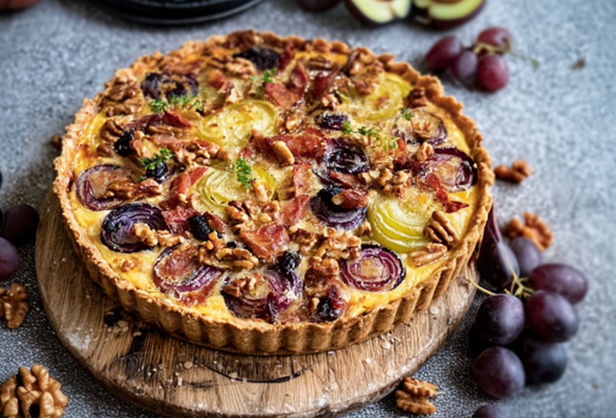 Ein Holzbrett mit Quiche mit Spitzkohl, Trauben und Nüssen. Einige Trauben liegen als Deko außen herum.