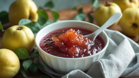 Schälchen mit Quittenmarmelade aus dem Ofen, frische Quitten im Hintergrund